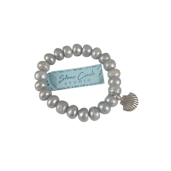 Freshwater Pearl Stretch Bracelet With Shell Charm By Stone Circle Studio - Picture 4 of 6